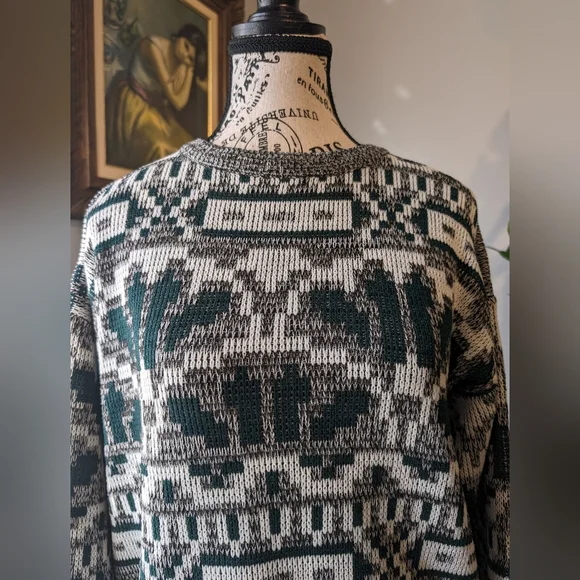 1990s Vintage Unisex Grey Green Geometric Sweater Size Medium - Picture 5 of 7